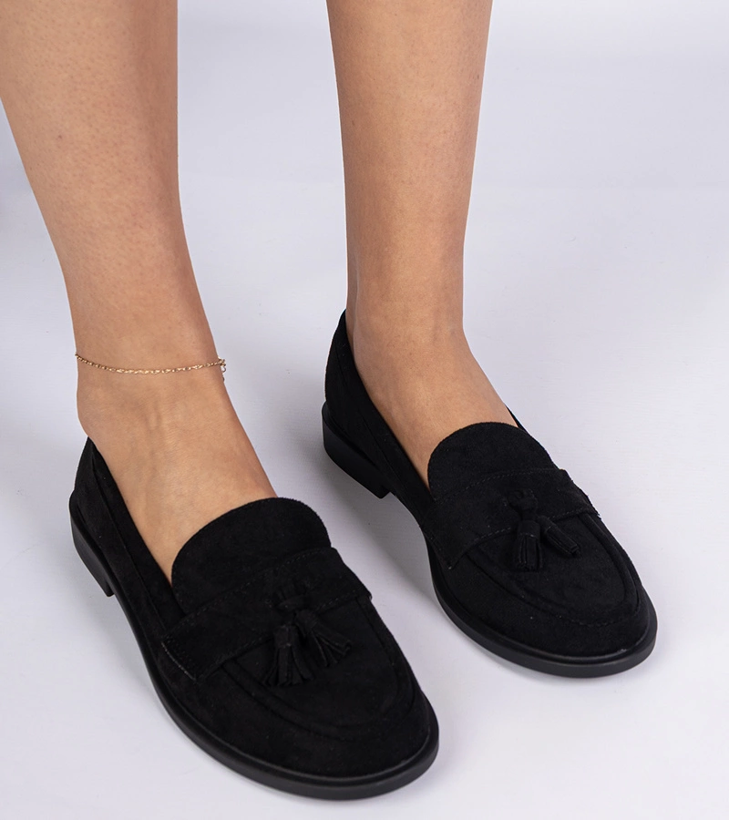 Gemre Mocasini negri de damă din piele ecologică întoarsă cu franjuri Marimel