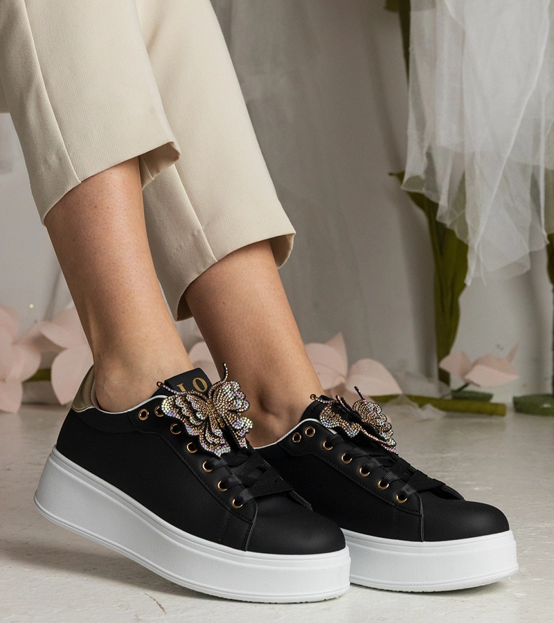 Gemre Adidași negri decorați cu fluturaș cu zirconii Kariba