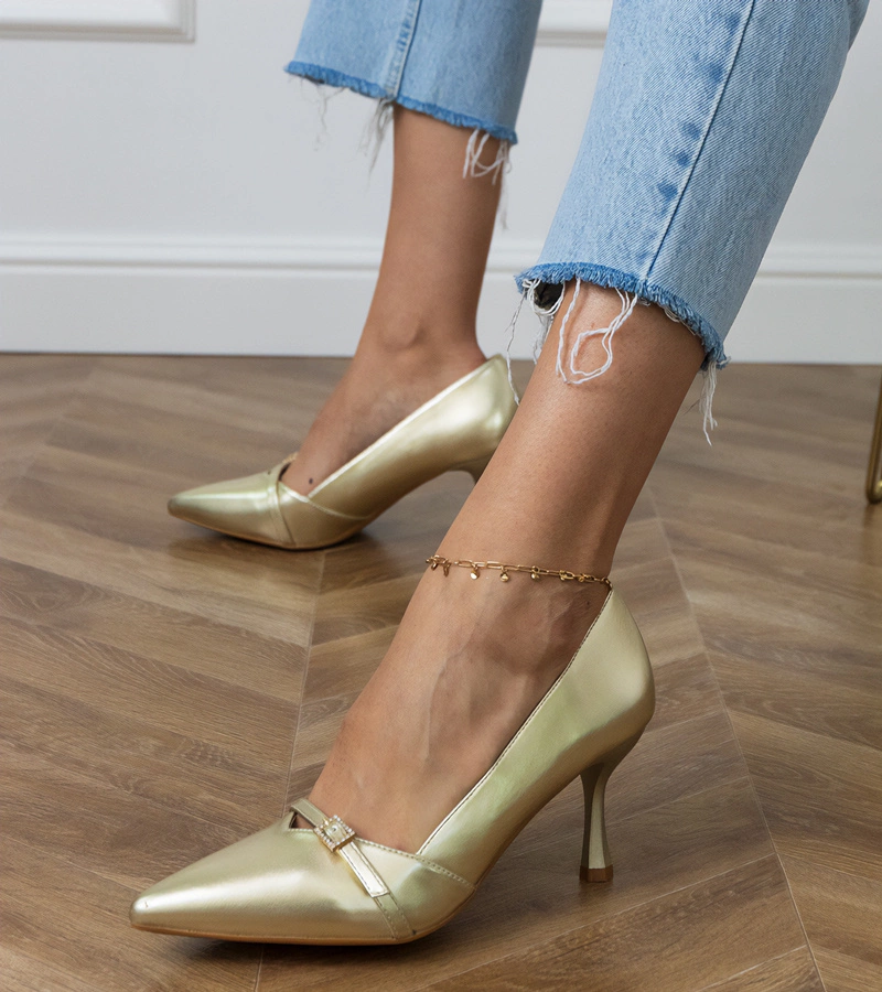 Gemre Pantofi aurii de damă clasici cu zirconii Klessa