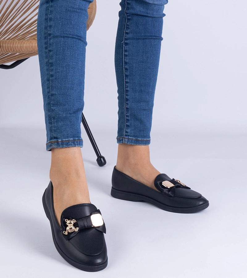 Gemre Mocasini negri decorați cu fundiță și ursuleț auriu Nensi