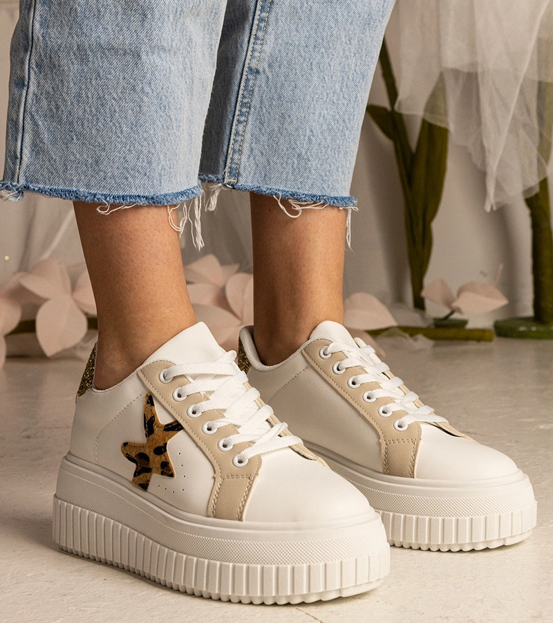 Gemre Adidași alb-bej decorați cu sclipici și stea Taleda