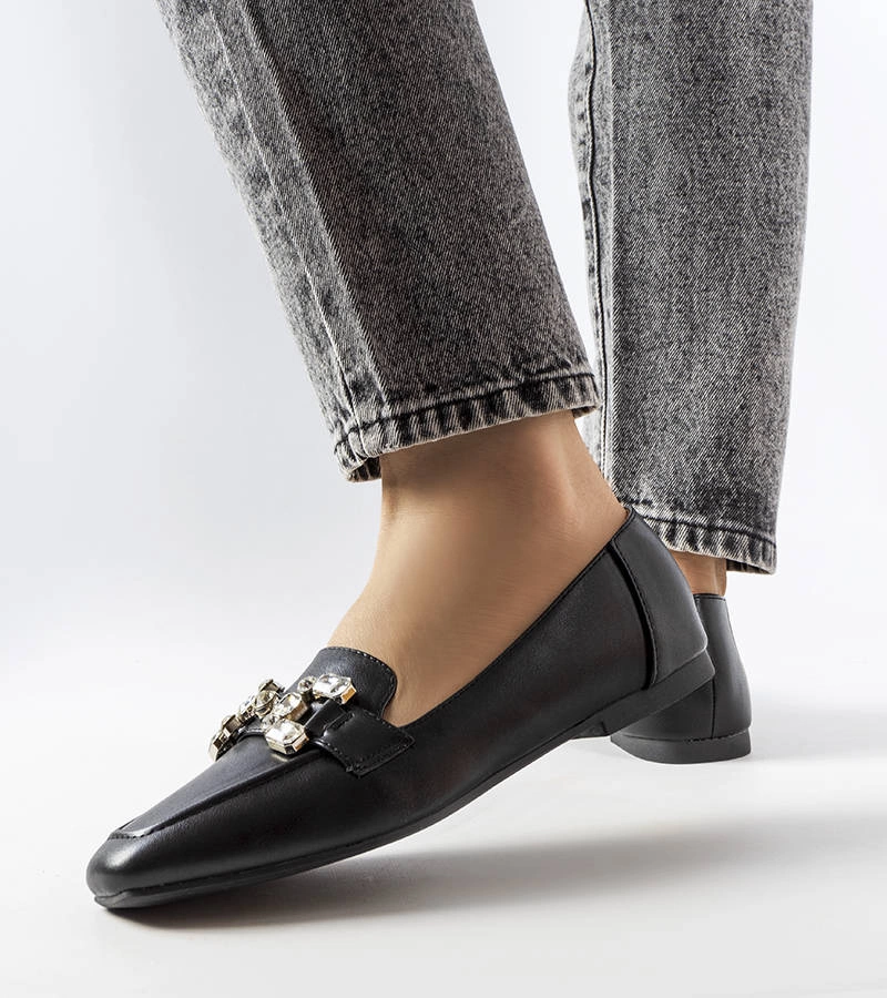Gemre Black women's leather loafers with rhinestones square toe Marechal