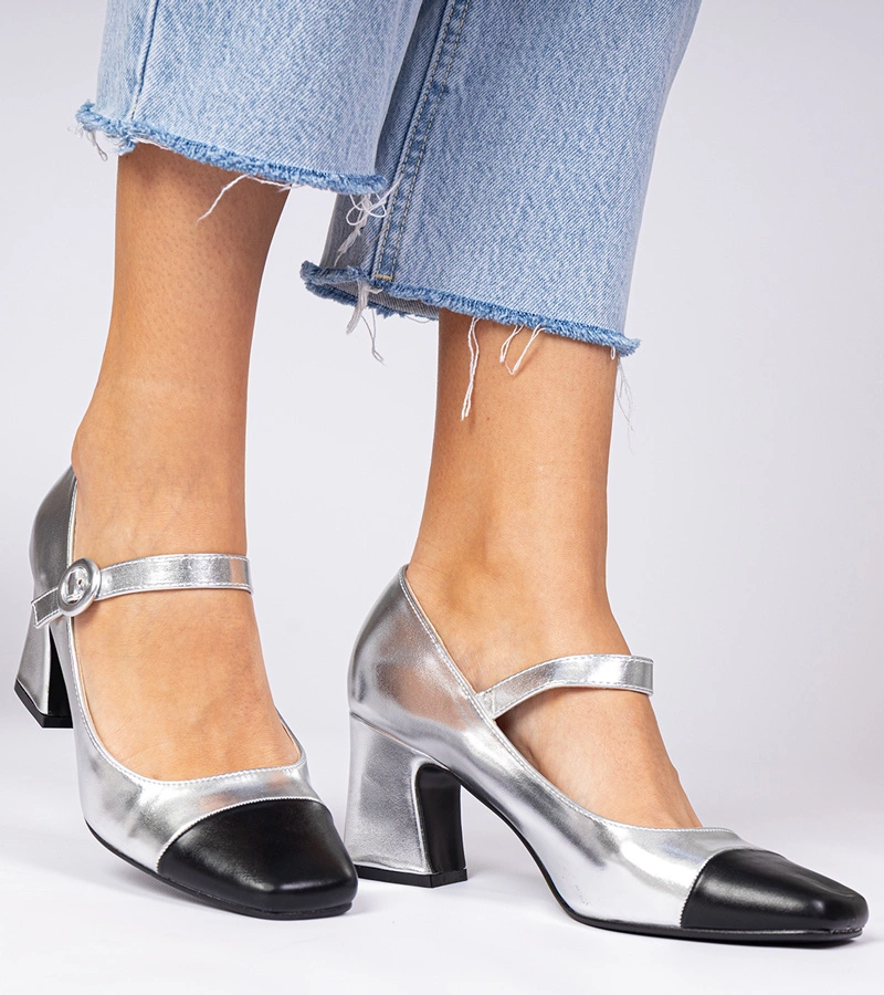 Gemre Pantofi damă argintii cu vârf negru Radora