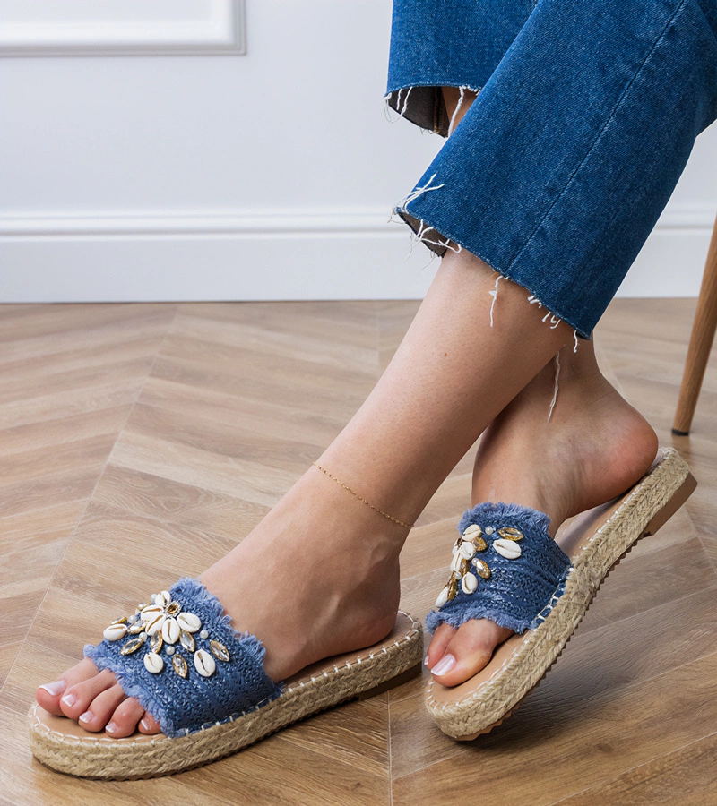 Gemre Blue braided espadrille slides with walrus shells