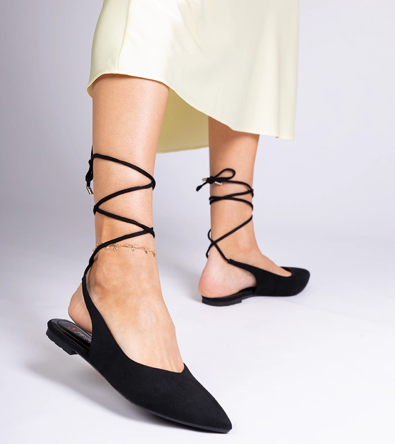 Gemre Balerini negri cu toc plat legați la gleznă Karlioz