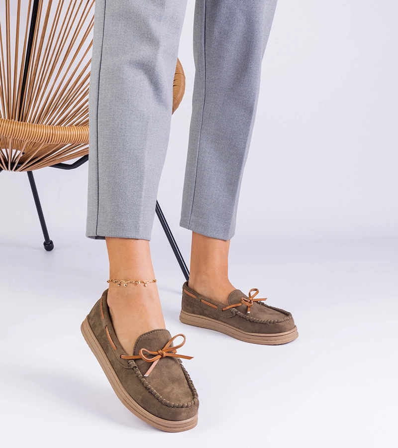 Gemre Mocasini verzi de damă din piele ecologică întoarsă cu fundiță Sarina