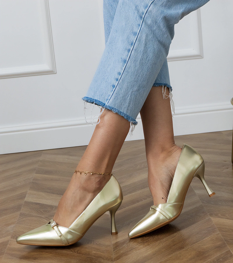 Gemre Pantofi aurii de damă clasici cu zirconii Klessa