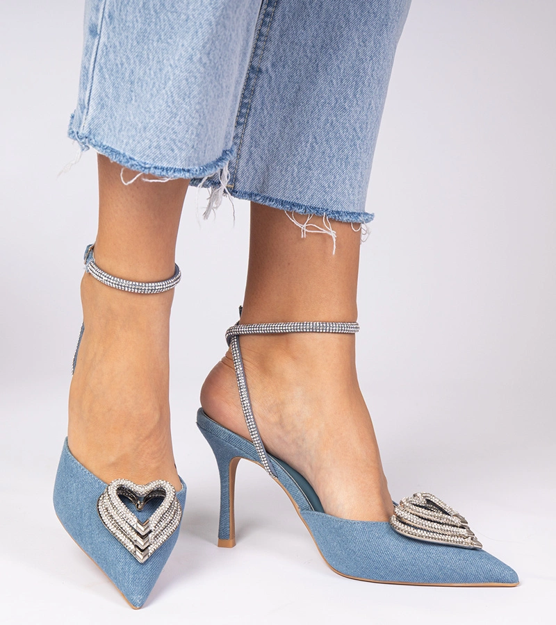 Gemre Pantofi stiletto albaștri cu toc deschis decorați cu pietre Isoda
