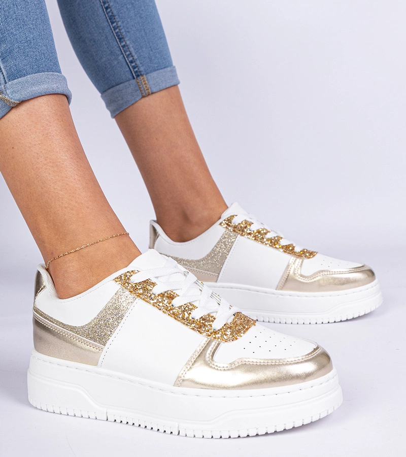 Gemre Adidași aurii de damă cu talpă groasă decorați cu sclipici Dolla