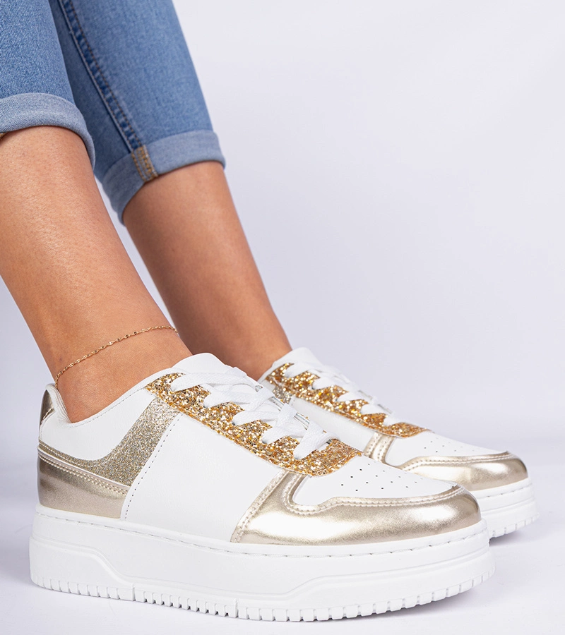 Gemre Adidași aurii de damă cu talpă groasă decorați cu sclipici Dolla