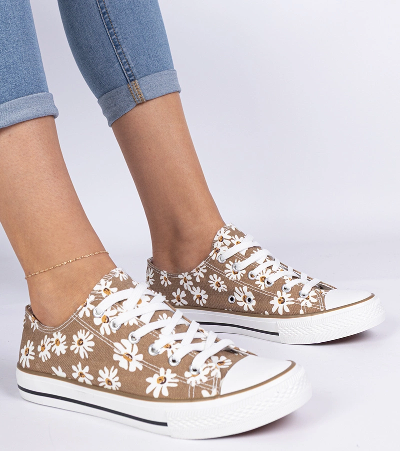 Gemre Teniși maro de damă din material cu floricele Lazates