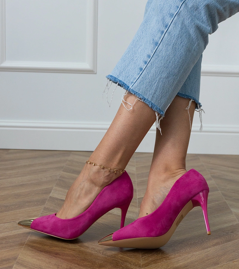 marka niezdefiniowana Pantofi roz cu toc din piele ecologică întoarsă cu vârf metalic Elaza