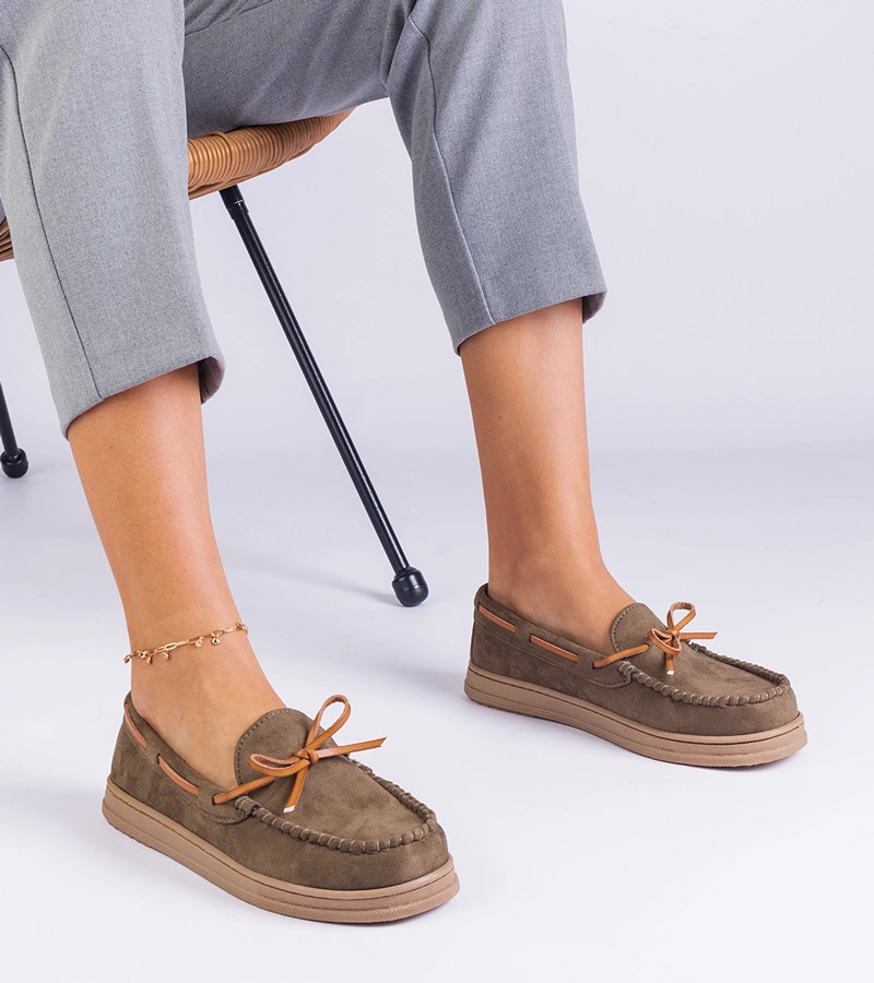 Gemre Mocasini verzi de damă din piele ecologică întoarsă cu fundiță Sarina