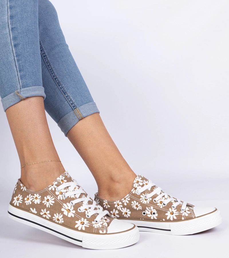 Gemre Teniși maro de damă din material cu floricele Lazates