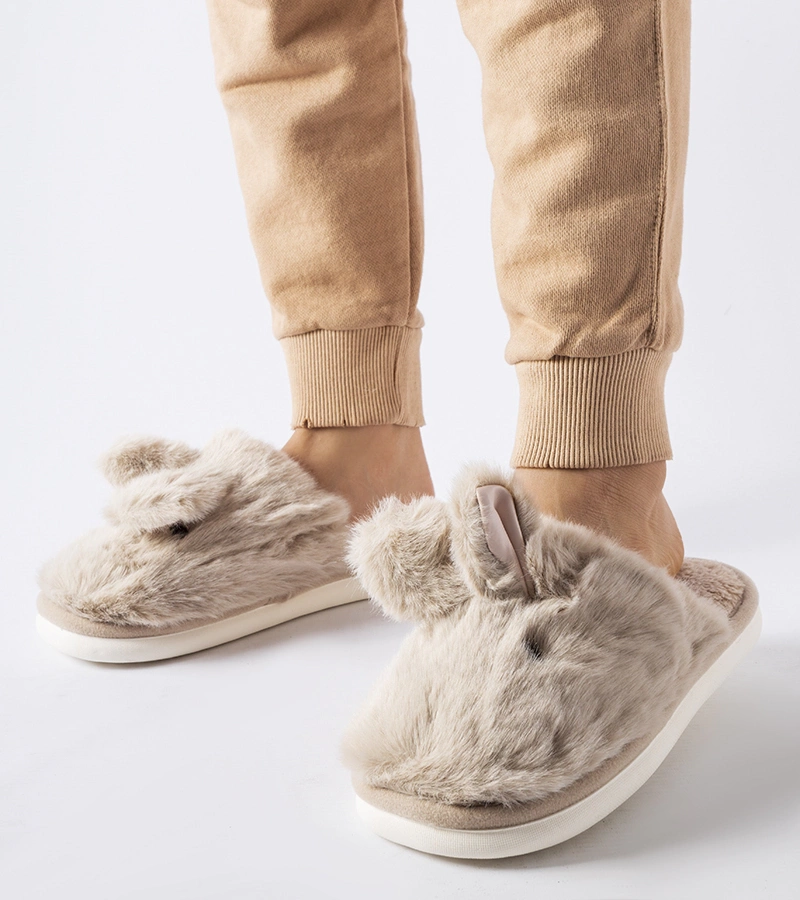 Gemre Papuci de casă calde bej cu urechi Daniele