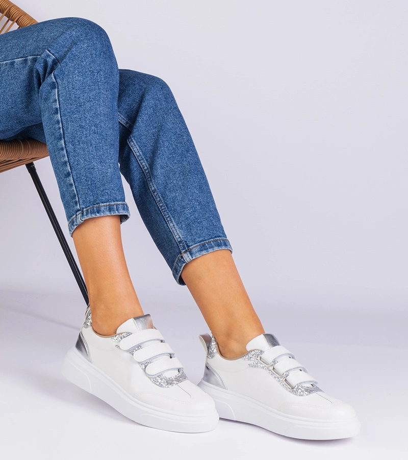 Gemre White women's velcro sneakers with glitter Kasabella