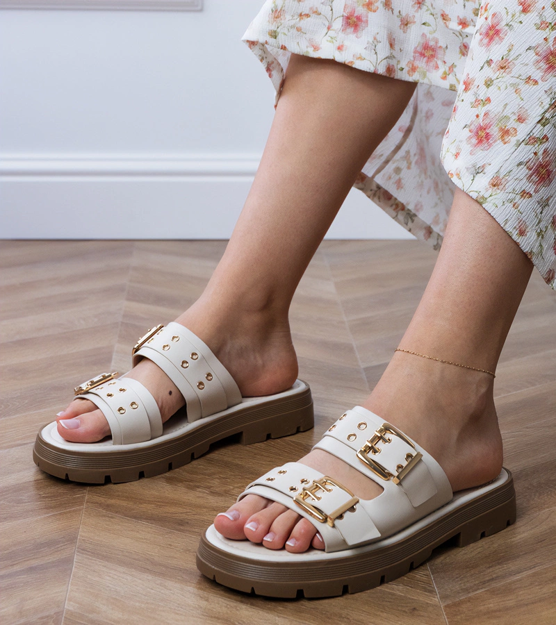 marka niezdefiniowana Beige flat sandals with buckles on straps Liluna