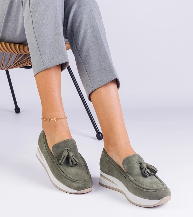 Gemre Pantofi verzi pentru femei, tip mocasini, pe platformă, cu ornamente Selerina