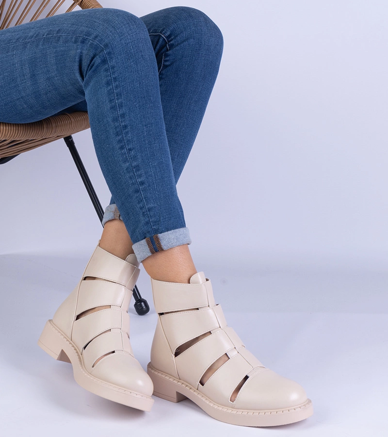 Gemre Botine bej din piele ecologică cu decupaje pe talpă plată Kalipso
