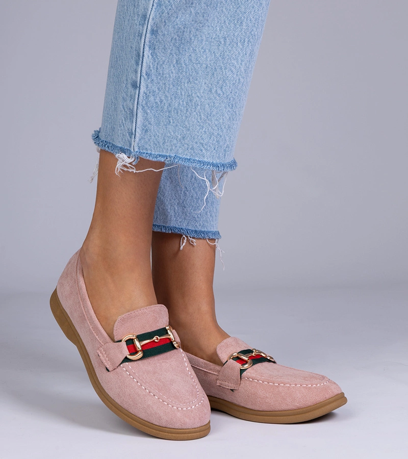 Gemre Mocasini roz din piele ecologică întoarsă cu decorațiune aurie Daliana