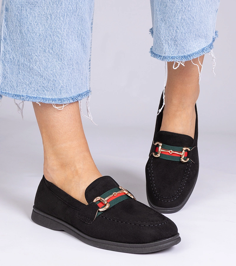 Gemre Mocasini negri din piele ecologică întoarsă cu ornament auriu Daliana