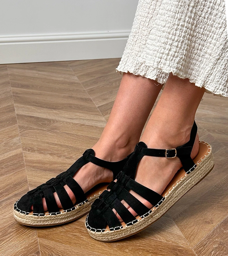 marka niezdefiniowana Sandale negre espadrile gladiator din piele ecologică Talejda