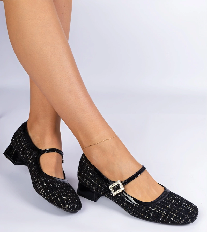 Gemre Pantofi negri cu toc cu finisaj textil și pietre strălucitoare Mersitta