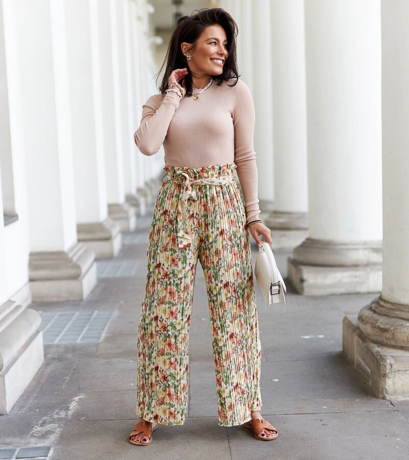 Gemre Sammira bej pantaloni cu pliuri largi pentru femei, bej