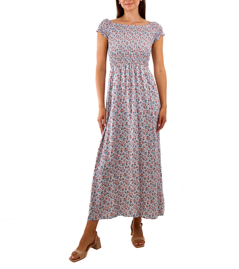 Gemre Rochie albă cu flori albastre și portocalii Stefania