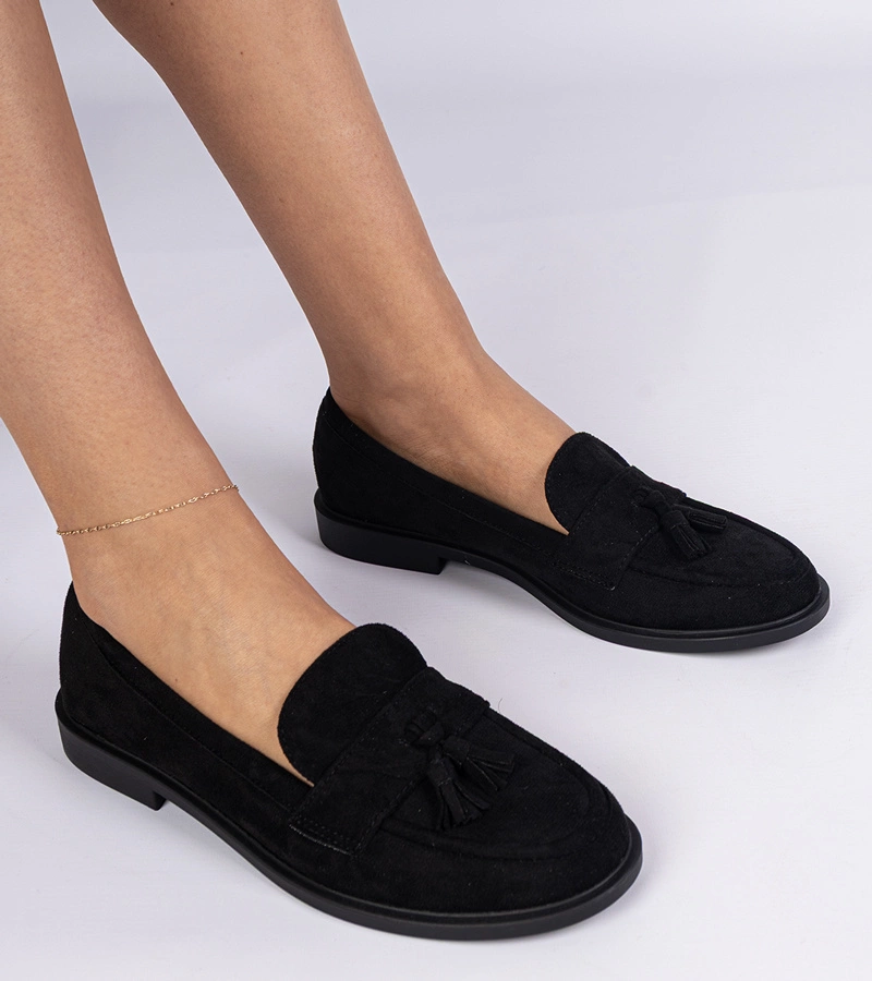 Gemre Mocasini negri de damă din piele ecologică întoarsă cu franjuri Marimel