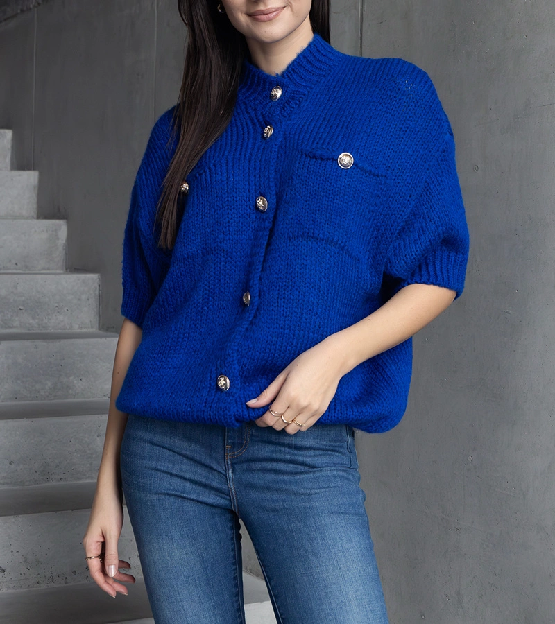 Gemre Pulover albastru pentru femei cu mânecă scurtă și nasturi decorativi Shela