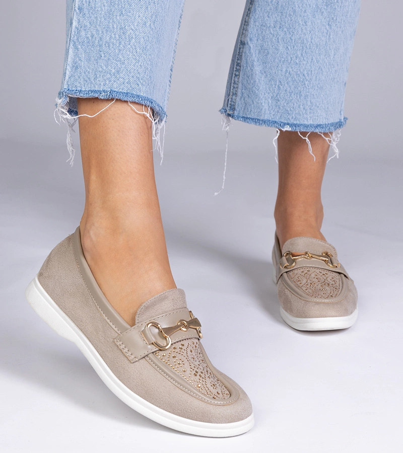 Gemre Mocasini crem din piele ecologică întoarsă cu strasuri Minilla