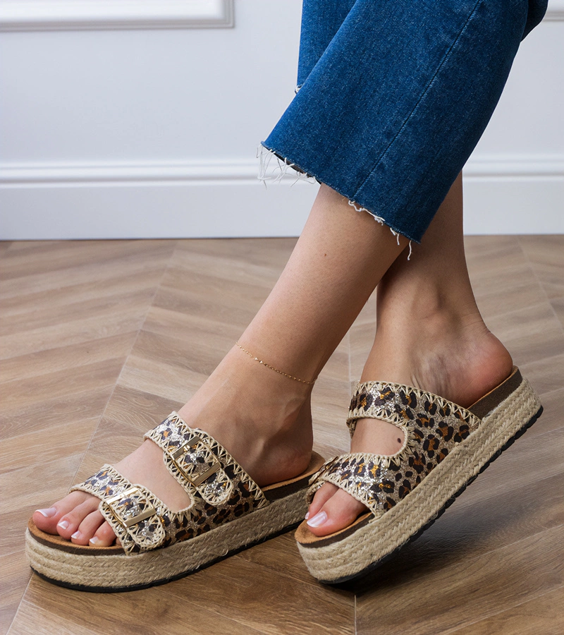 Gemre Sandale espadrile cu sclipici și catarame Induri cu imprimeu de panteră