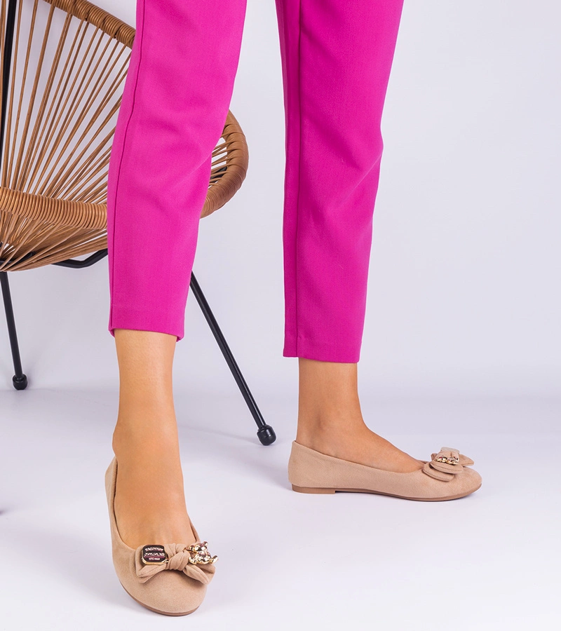 Gemre Balerini clasici de damă bej cu fundiță din piele întoarsă Merasol