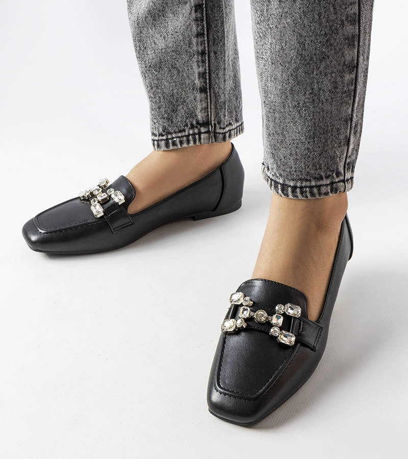 Gemre Black women's leather loafers with rhinestones square toe Marechal
