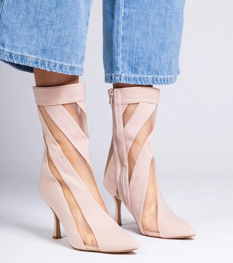 Gemre Beige satin ankle boots with mesh on stiletto heel Ewelines