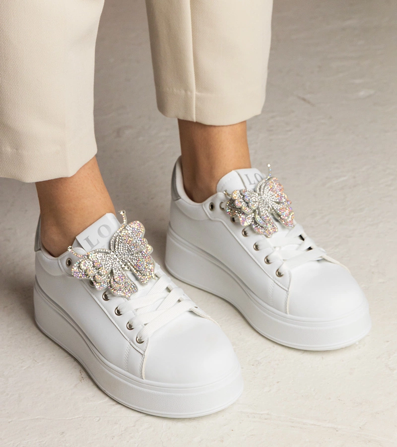 Gemre Adidași alb-argintii decorați cu fluturaș cu zirconii Kariba