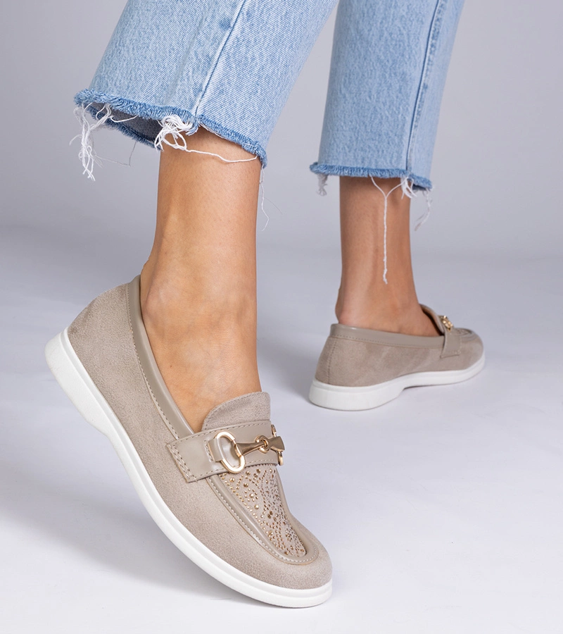 Gemre Mocasini crem din piele ecologică întoarsă cu strasuri Minilla