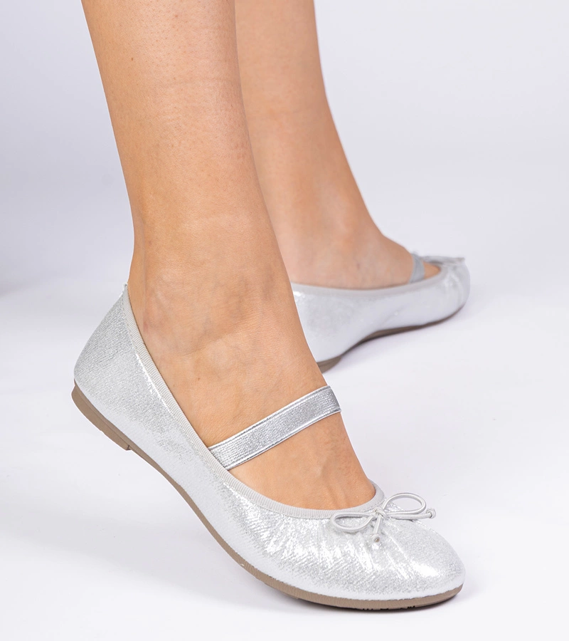 Gemre Balerini argintii de damă cu fundiță pe elastic Lerona