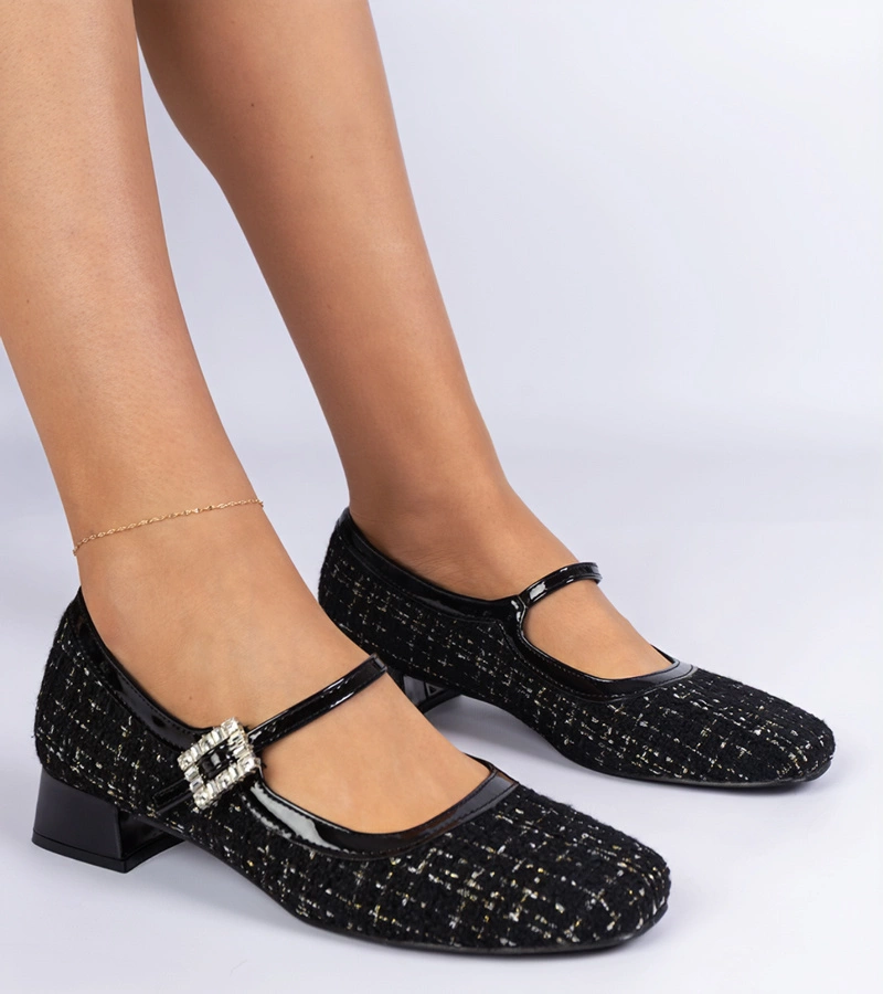 Gemre Pantofi negri cu toc cu finisaj textil și pietre strălucitoare Mersitta