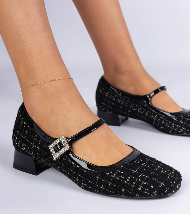 Gemre Pantofi negri cu toc cu finisaj textil și pietre strălucitoare Mersitta