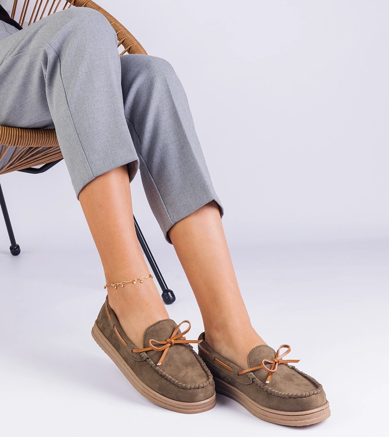 Gemre Mocasini verzi de damă din piele ecologică întoarsă cu fundiță Sarina