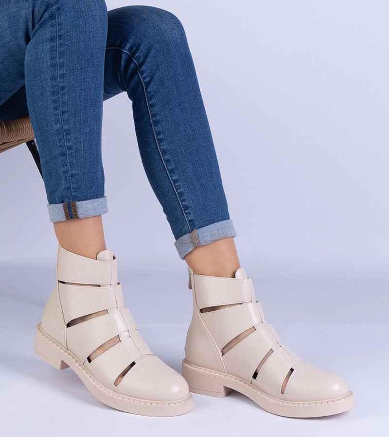 Gemre Botine bej din piele ecologică cu decupaje pe talpă plată Kalipso