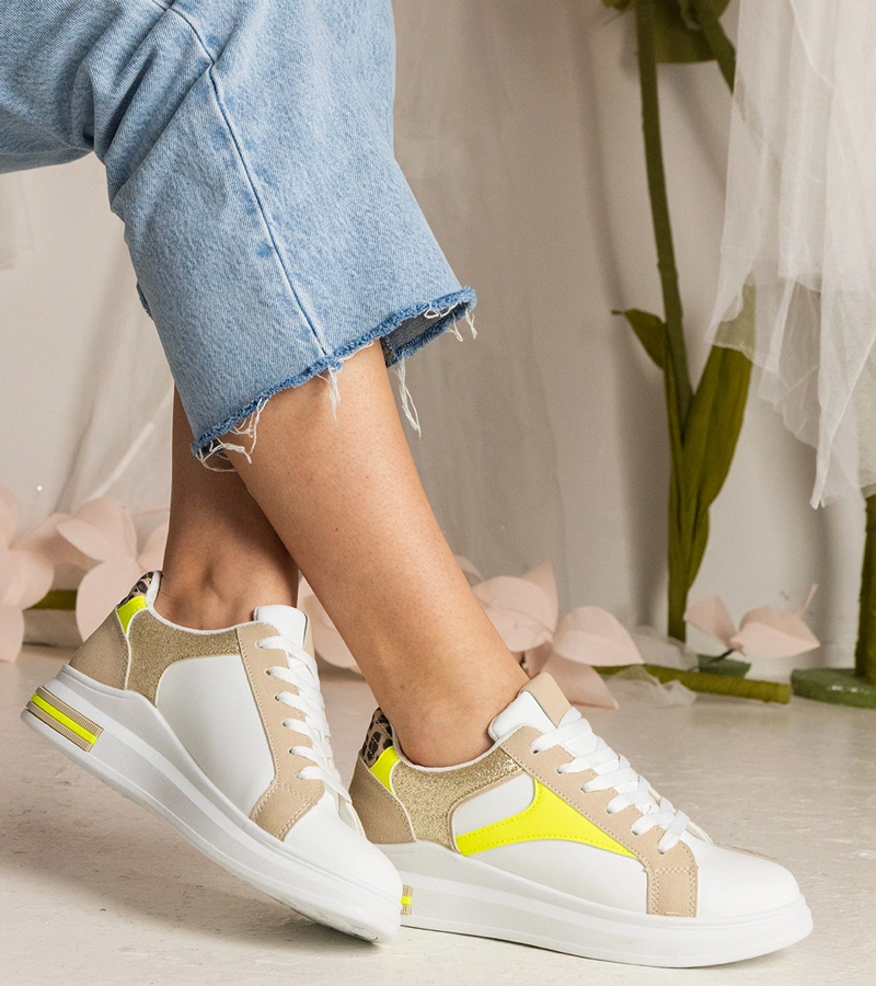 Gemre Adidași albi de damă cu sclipici și imprimeu leopard Wellos