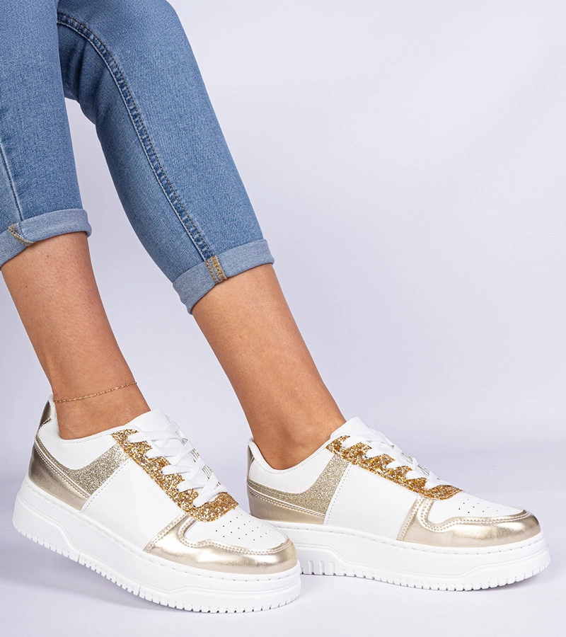 Gemre Adidași aurii de damă cu talpă groasă decorați cu sclipici Dolla