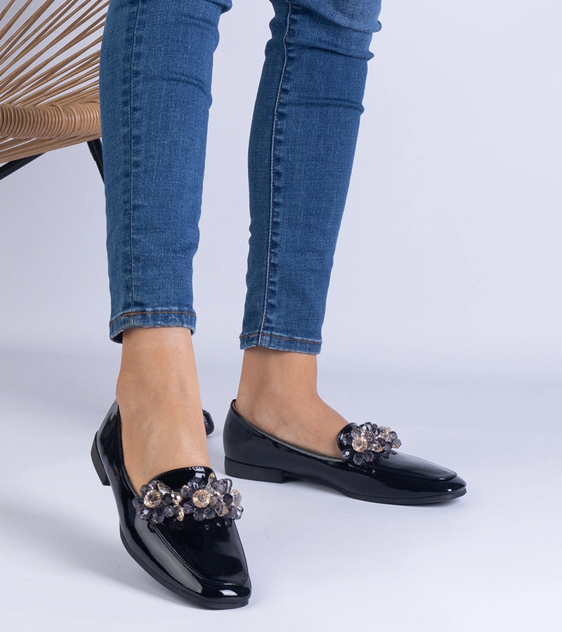 Gemre Pantofi mocasini negri lăcuiți cu cristale Balonia