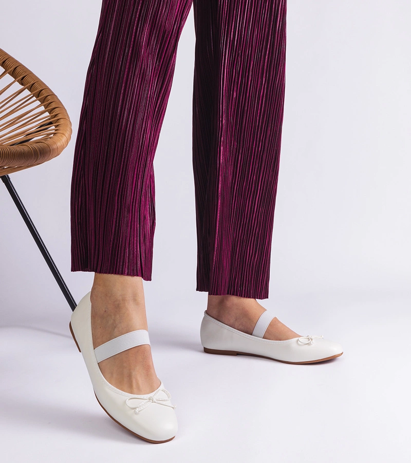 Gemre Balerini albi cu elastic și fundă decorativă Newton