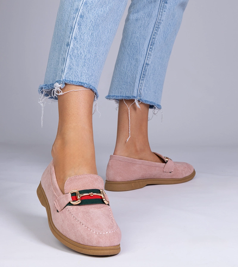 Gemre Mocasini roz din piele ecologică întoarsă cu decorațiune aurie Daliana