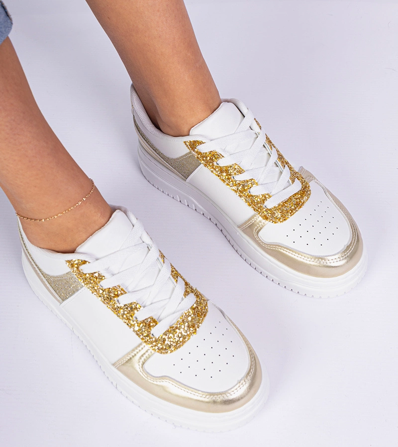 Gemre Adidași aurii de damă cu talpă groasă decorați cu sclipici Dolla