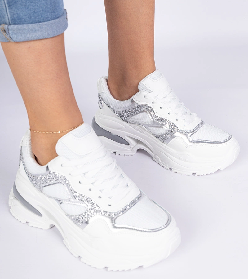 Gemre Adidași albi de damă decorați cu sclipici Sandoria